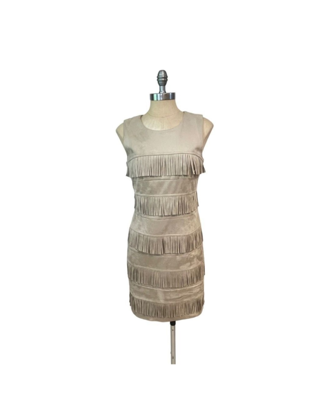 CALVIN KLEIN Faux Suede Fringed Sleeveless Sheath Dress Beige size 6